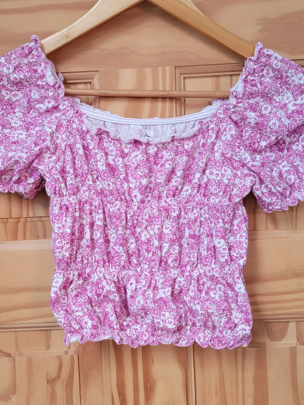 GAP Kids Pink Floral Smocked Off-Shoulder Crop Top - Size L